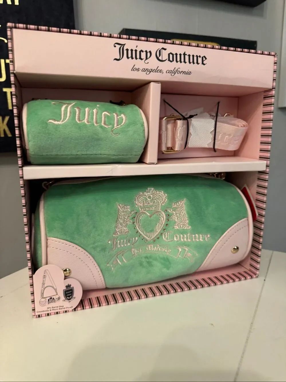 Juicy Couture pink/green heritage y2k barrel crossbody micro pouch bag charm set